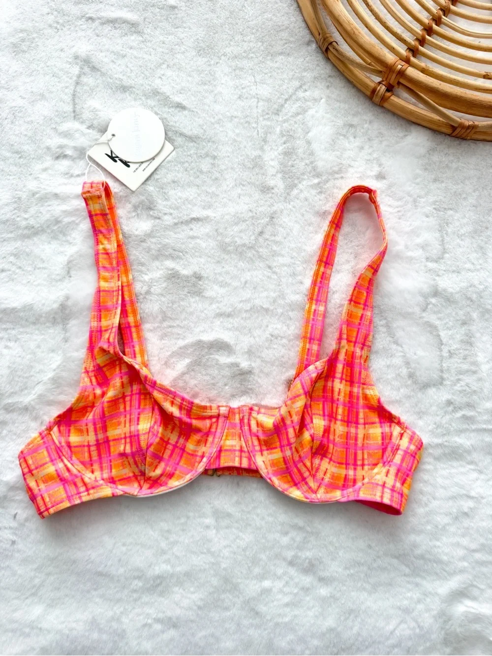 Kulani Kinis Underwire Bralette Bikini Top Peaches Orange Plaid NWT